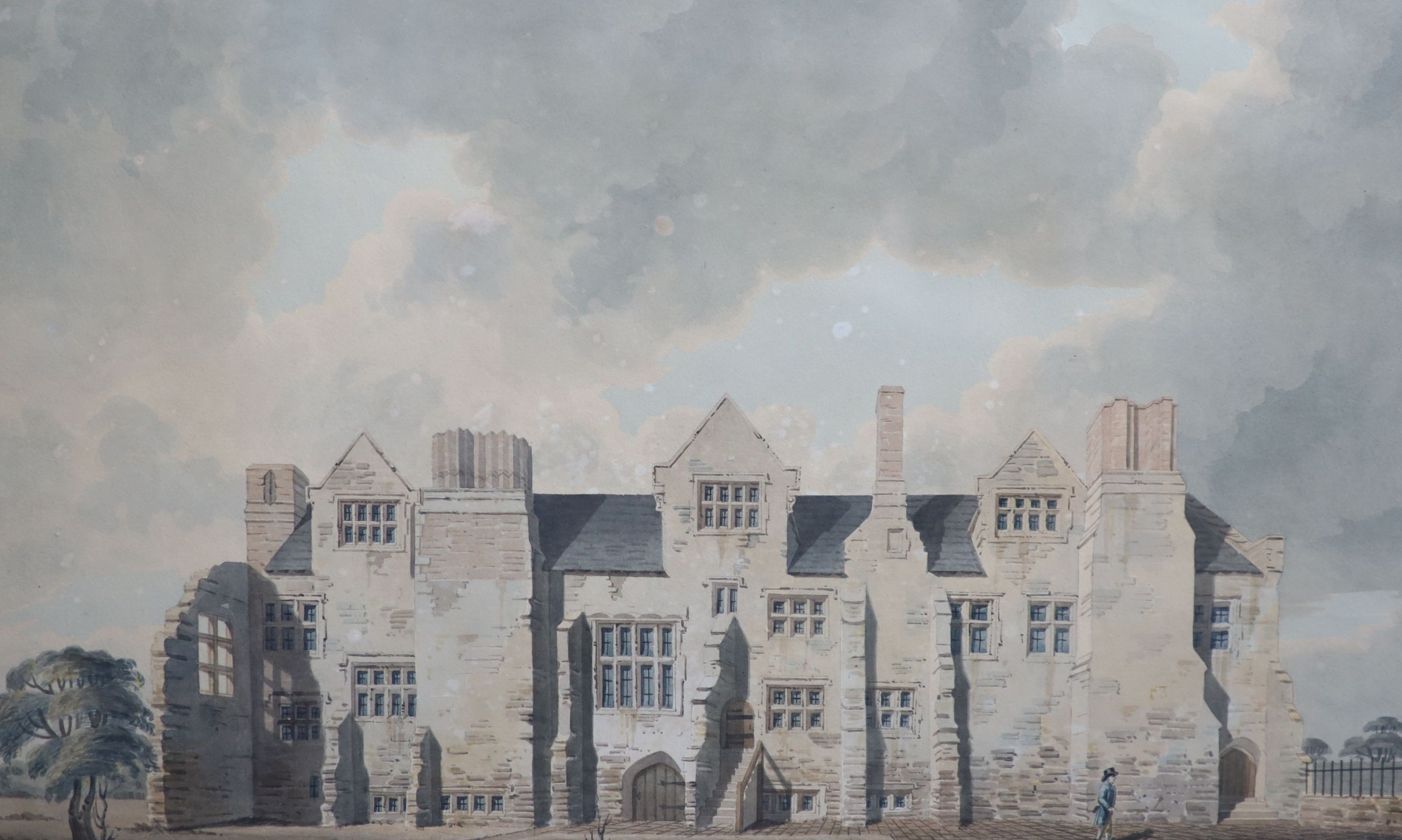 T Athow (fl. 1780-1820), Two elevations of Combwell Priory, Pencil and watercolour, a pair, 31 x 52cm.